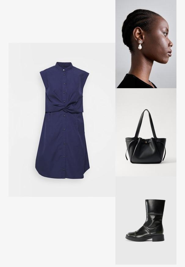 rag & bone LOUISA SLEEVELESS DRESS - Košilové šaty - navy; Černá kožená kotníková bota s kulatou špičkou, hladkým povrchem, kontrastním prošíváním a širokým podpatkem, má mírně zúženou siluetu.; Černá kožená taška přes rameno s dvěma dlouhými popruhy, staženým vrškem a zlatým kruhovým akcentem. Hladký povrch s minimalistickým designem.; Tory Burch STAR DROP EARRING - Náušnice - silver-coloured