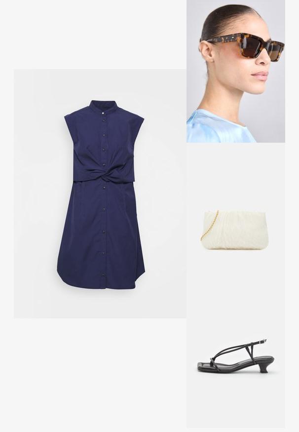 rag & bone LOUISA SLEEVELESS DRESS - Kreklkleita - navy; Melnas ādas sandales ar plānām siksniņām, zemu blokveida papēdi un kvadrātveida deguniem. Ar sprādzi un gludu tekstūru.; Tortoiseshell saulesbrilles ar masīvu, taisnstūra formu. Tumši stikli un zelta toni akcenti pie tempļiem. Gluda, spīdīga virsma.; Balta teksturēta pleca soma ar salocītu dizainu, kas aprīkota ar zelta ķēdes siksnu. Gluda virsma ar smalkām viļņveida formām un noapaļotām malām.; Sudraba pērļu auskari ar izliekta, pupiņas formas dizainu. Gluda, spīdīga virsma un nostiprināti ar tapu un aizmugures aizdari.