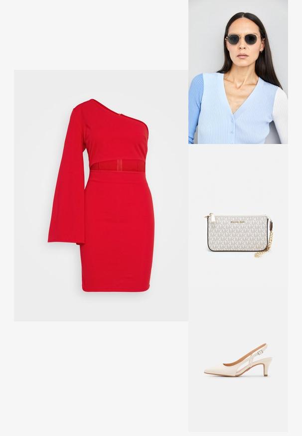 Rotes Ein-Schulter-Kleid aus glattem Stoff, mit einer figurnahen Silhouette, langen Ärmeln und einem transparenten Mittelteil. Essentielles und minimalistisches Design.; Weiße Slingback-Absätze mit spitzer Zehenpartie, glattem Obermaterial, niedrigem Blockabsatz und seitlichem Ausschnitt-Design mit verstellbarem Schnallenriemen.; Runde Sonnenbrillen mit dunklen Gläsern und goldenen Rahmen. Das Modell trägt eine hellblaue, gerippte Strickjacke mit Knöpfen und weißen Kontrastärmeln.; Michael Kors Clutch in beige beschichtetem Canvas mit einem wiederholten MK-Logo-Muster, goldfarbener hardware und einem abnehmbaren Kettenriemen.