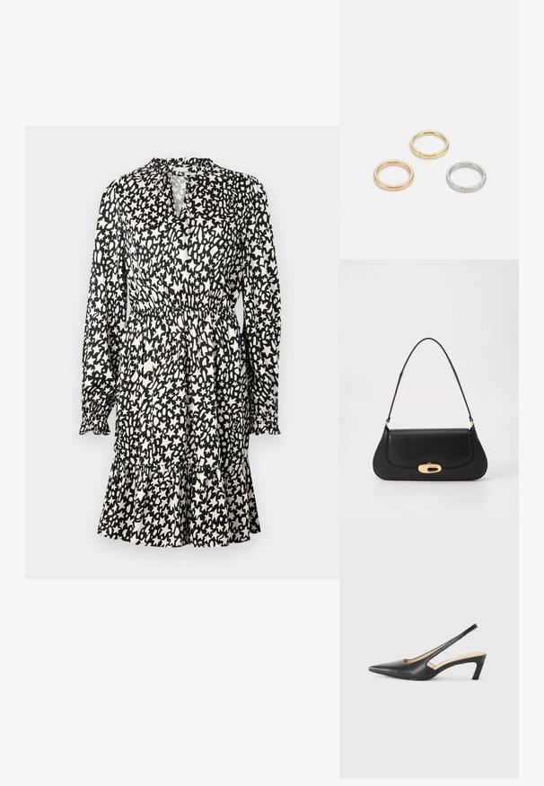 Černobíle vzorované šaty s dlouhými rukávy, staženým pasem a rozšířeným lemem. Obsahují výstřih ve tvaru klíčové dírky a texturovanou tkaninu.; Černý špičatý slingback s nízkým podpatkem, vyrobený z hladké kůže, s výřezem na boku pro lepší prodyšnost.; Černá kožená kabelka s zakřiveným designem, zlatými akcenty a horním uchem. Vybavena elegantním zavíráním a hladkým povrchem.; Tři kovové prsteny: jeden růžově zlatý, jeden zlatý s texturovanými detaily a jeden stříbrný, všechny s vyrytým brandingem na vnitřním boku.