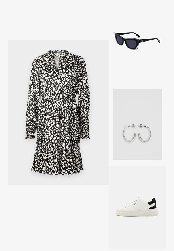 Haljina s crno-bijelim uzorkom, dugih rukava, s naboranim strukom i raširenim rubom. Ima dekolte u obliku ključa i teksturiranu tkaninu.; Bijele kožne tenisice s debelim bijelim potplatom, crnim zamšastim akcentom na peti i ugraviranim logom sa strane. Dizajn s vezicama i šest rupa za vezivanje.; Crne oversize sunčane naočale geometrijskog oblika, s tamnim staklima i kontrastnom sivom dekoracijom na okviru. Logo na dršci.; Srebrne naušnice u obliku obruča sa glatkom, sjajnom površinom, zakrivljenog oblika i zatvaranjem na čep. Minimalistički dizajn s modernim završetkom.