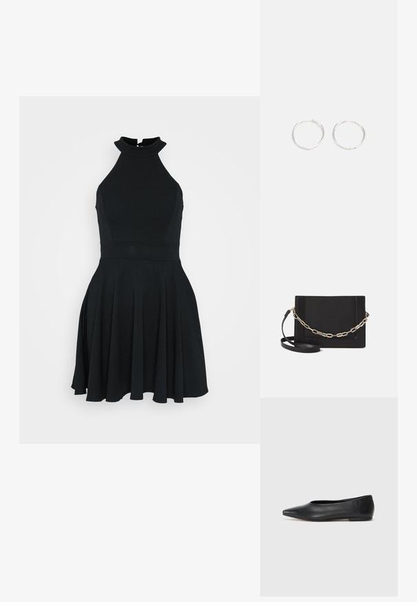 Čierne, bezrukávové šaty s vysokým výstrihom, priliehavým telom a rozšírenou sukňou. Vyrobené z hladkej, elastickej látky s jednoduchým dizajnom.; Čierne kožené baletky, špicatý špička, minimalistický dizajn, hladká textúra, nízky podpätok, bez viditeľných prvkov alebo ozdôb.; Čierna kožená crossbody taška s hladkou textúrou, obdĺžnikovým tvarom a kovovým reťazovým detailom na prednej strane. Súčasťou je nastaviteľný popruh.; Strieborné kruhové náušnice s elegantným, okrúhlym dizajnom, s hladkým povrchom a bez viditeľných ozdôb. Priemer nie je špecifikovaný.
