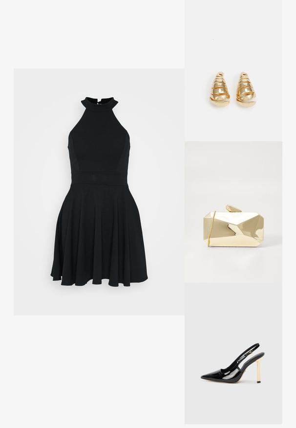 Černé bezramenné šaty s vysokým výstřihem, vypasovaná korzetová část a rozšířená sukně. Vyrobené z hladkého, elastického materiálu se čistým designem.; Černá lakovaná slingback vysoká bota na podpatku s špičatou špičkou a zlatým čtvercovým akcentem na podpatku. Má nastavitelné kotníkové popruhy.; Zlatá metalická kabelka na drobnosti s geometrickým designem, hladkým povrchem, zipovým uzávěrem a sponou nahoře. Kabelka je obdélníková s ostrými hranami.; Náušnice ve zlatém odstínu ve tvaru prodloužených kuželů se spirálovými detaily. Hladký povrch s odrazivým zakončením, obsahující zakřivené akcenty.