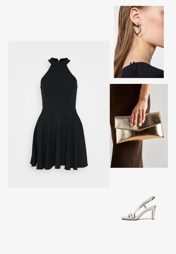 Must mustriga, ilma varrukateta kleit kõrge kaelusega, sobituva kehaga ja laieneva seelikuosa. Valmistatud siledast, venivast kangast puhta disainiga.; Metallilise hõbedase värvi kõrge kontsaga sandaal avatud varbaga, millel on jalas kolm õhukest rihma ja pahkluuring koos kinnitusega.; Kuldne metallist käekott, millel on sile tekstuur ja kolmnurkne klapp. Kotti hoidev käsi on hoolikalt maniküüritud küüntega.; Hõbedane rõngas kõrvarõngas poleeritud viimistlusega, millel on väikesed kuldsed aktsendid ja ümmargune kuju, kantud lobus.