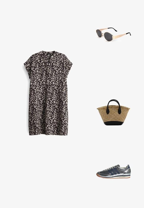 Kurzes, ärmelloses Kleid in Schwarz mit einem cremefarbenen, abstrakten Muster, das einen tiefen V-Ausschnitt und eine lockere A-Linie hat. Glatter, leichter Stoff.; Silberfarbene synthetische Sneaker mit marineblauen Streifen, runder Zehenpartie, weißer Innenfutter und Gummisohle. Verfügt über ein strukturiertes Obermaterial und eine Schnürung.; Goldfarbene ovale Sonnenbrillen mit dunklen Gläsern, die ein elegantes Design, dünne Bügel und einen schwarzen Akzent am Schläfenbereich aufweisen. Modellnummer L37.; Geflochtener Strohkorb mit einer ausgestellten Form, ausgestattet mit einem schwarzen Lederboden und -griffen. Strukturierte natürliche Fasern mit glatten schwarzen Akzenten.; Goldfarbene blumenförmige Ohrringe mit geschichteten Blütenblättern, die eine strukturierte Oberfläche und ein zentrales Perlendetail aufweisen.