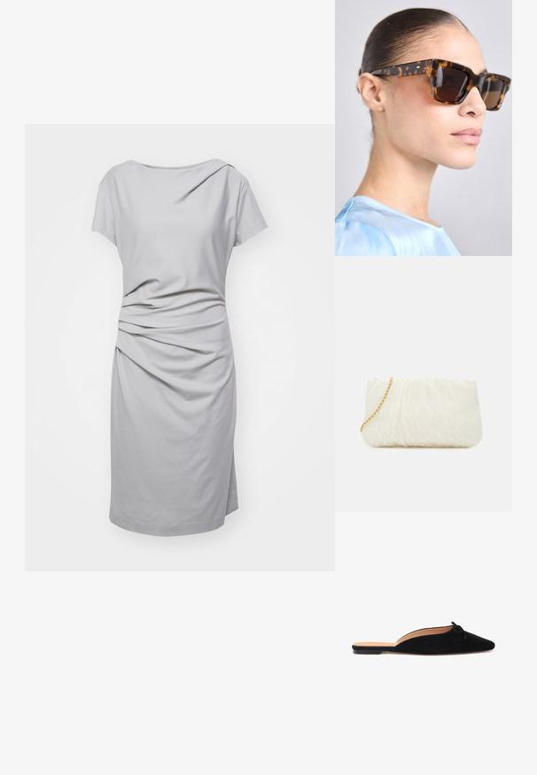 Robe grise à manches courtes en tissu doux, avec un design drapé et des détails froncés à la taille, et une coupe droite.; Bottine noire en daim à enfiler avec un bout pointu et un petit nœud décoratif sur le dessus, dotée d'une semelle plate et d'un dos ouvert.; Lunettes de soleil écaille de tortue avec une monture rectangulaire épaisse. Verres sombres et accents dorés sur les branches. Fini lisse et brillant.; Sac à main texturé blanc avec un design froncé, doté d'une bandoulière en chaîne dorée. Fini lisse avec des ondulations subtiles et des bords arrondis.