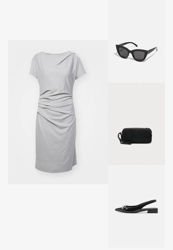 Hallide lühiäriga kleit pehmest materjalist, millel on voolav disain, kogumisega detailide tõttu vööl ja sirge lõige.; Mustad nahast slingback kingad terava nina ja hõbedaste detailidega, madala plokkn红黑大战. Ühtlane, läikiv tekstuur kogu ulatuses.; Mustad mustakate silmade prillid, millel on matt viimistlus, hallist toonitud läätsed, teravad nurgad ja stiilsed küljed. Brändi nimi on nähtav siseküljel.; Mustan sametist käsipakiga kotike, millel on tõmblukuga sulgemine ja eemaldatav randme rihm. Omab kuldse tooni riistu ja sileda, mati tekstuuri.