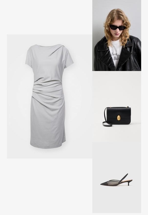 Harmaa lyhythihainen mekko, joka on valmistettu pehmeästä kankaasta. Mekossa on laskostettu muotoilu, jossa on kerättyä yksityiskohtaa vyötäröllä ja suora leikkaus.; NEOUS IRENA - Avokkaat - black; Mustat aurinkolasit, joissa on tyylikäs, kulmikas muotoilu. Mallilla on päällään musta nahkatakki valkoisen, printtitekstit sisältävän paidan päällä, neutraalia taustaa vasten.; Musta nahkakäekott struktureeritud ristküliku kujuga. Varustatud kuldse ovaalse lukuga ja õhukese õlalindiga. Sile tekstuur.