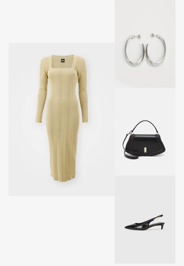 Stickad klänning med långa ärmar i ljus beige med fyrkantig halsringning, ribbad struktur och vertikala ränder. Figursydd design med längd till mitten av vaden.; Svart läder slingback-hälar med spetsig tå, med en smal klack och en guldtonad detalj på den justerbara remmen. Slät textur.; Svart läderhandväska med en strukturerad design, som har en avskuren form, ett handtag upptill och guldiga detaljer. Justerbar axelrem ingår.; Silverfärgade hoopsörhängen med en slät, böjd design. Har en glänsande metallisk yta och ett stiftlås. Inga synliga mönster eller detaljer.