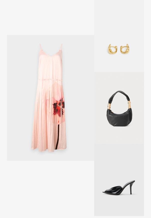 MAX&Co. CURLY - Iltapuku - weiss; Musta nahkainen korkeakorkoinen mules-malli, avoimella varpaalla, terävä muotoilu, sileä pinta ja kapea stilettokorko.; Musta nahkalaukku pyöreällä muodolla, pehmeällä pinnalla ja solmulla varustetulla kahvalla, jossa on kultasävyiset yksityiskohdat. Vetoketjusuljenta.; Kulta renkaat korvakorut, joissa on sileä, pyöreä muoto ja kiiltävä pinta. Korvakoruilla on kompakti, tukeva muoto ja saumaton lukko.