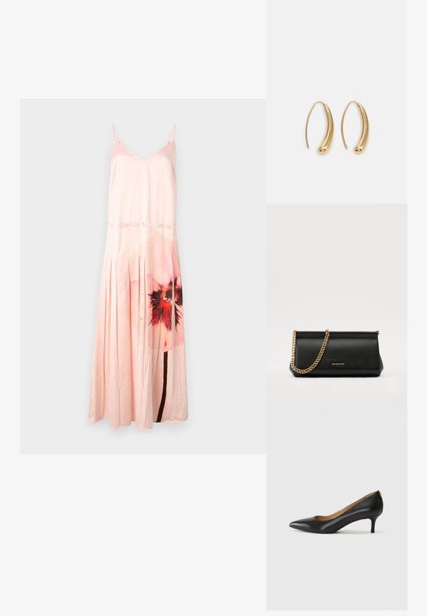 MAX&Co. CURLY - Alkalmi viselet - weiss; Fekete bőrpumpa hegyes orral, alacsony sarokkal és sima felülettel. Elöl enyhe nyílással rendelkezik, hátul pedig minimális részletezéssel.; Fekete bőr kisméretű táska arany lánccal, sima felülettel, téglalap alakú, és dombornyomott márkázással az elején.; Aranyszínű fémből készült karika fülbevalók ívelt, hosszúkás formával. Simaságával és fényes felületével, valamint lekerekített végével további részletekkel bővül.