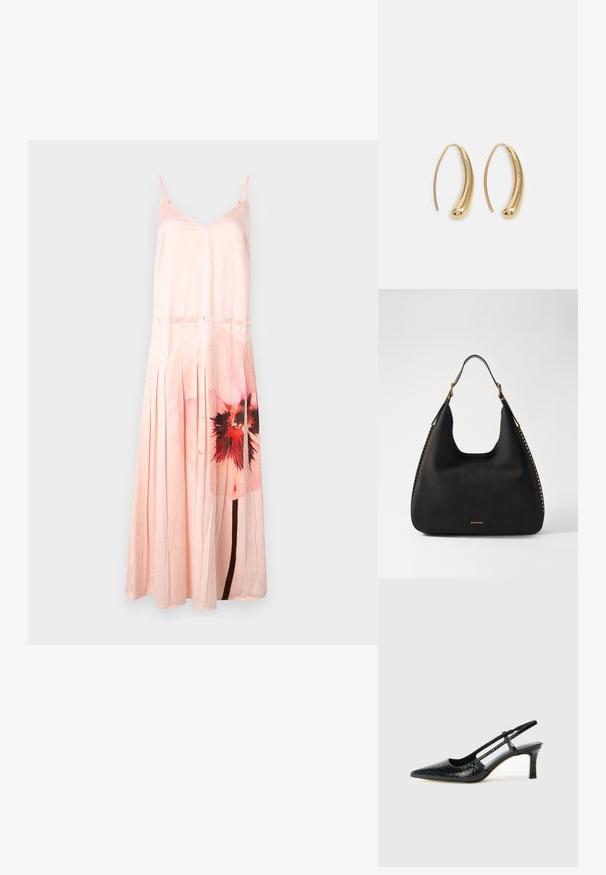 MAX&Co. CURLY - Abiti per occasioni speciali - weiss; Slingback con tacco in vernice nera con punta affusolata, caratterizzato da una stampa a serpente testurizzata, cinturino regolabile e un tacco corto e testurizzato.; MICHAEL Michael Kors NOLITA HOBO  - Borsa a mano - black; Orecchini a cerchio in metallo color oro con forma curva ed allungata. Presentano una superficie liscia e lucida e una punta arrotondata per un tocco di dettaglio in più.