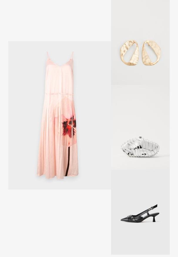 MAX&Co. CURLY - Ballkleid - weiss; Schwarzer Leder-Slingback-Schuh mit spitz zulaufender Zehenpartie, dekorativen Riemen mit METALLÖSEN und niedrigem Blockabsatz. Strukturelle Oberfläche.; Cult Gaia EZARA CLUTCH - Clutch - shiny silver coloured; Ein Paar unregelmäßige, oval geformte Ohrringe aus goldfarbenem Metall mit einer strukturierten, leicht gehämmerten Oberfläche auf weißem Hintergrund.