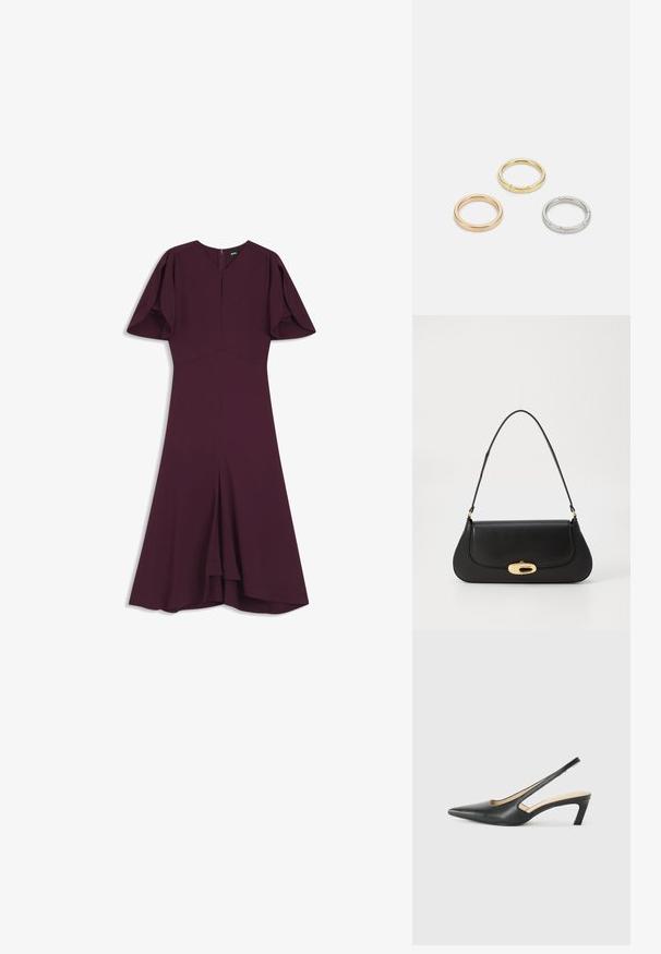 Tamno ljubičasta midi haljina s V-izrezom, kratkim puf rukavima, prilagođenim strukom i lepršavim rubom, sa zatvaranjem na patentni zatvarač straga.; Crne cipele s izduženim vrhom i remenom oko pete, s niskom petom, izrađene od glatke kože i s izrezbarenom stranom radi prozračnosti.; Crna kožna torba s zakrivljenim dizajnom, zlatnim detaljima i gornjom drškom. Ima elegantno zatvaranje i glatku teksturu.; Tri metalne prstenove: jedan od rose zlata, jedan od zlata s teksturiranim akcentima i jedan od srebra, svi s ugraviranim logotipom na unutarnjoj strani.