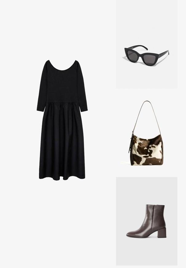 Rochie neagră cu mâneci lungi, guler rotund, corset strâns și talie liberă, adunată, realizată dintr-un material moale și neted.; Botină din piele maro, cu un design elegant, vârf ascuțit și toc pătrat. Textură netedă și siluetă minimală.; Ochelari de soare negri, forma cat-eye, cu un finisaj mat, având lentile gri și unghiuri ascuțite, precum și brațe laterale elegante. Numele brandului este vizibil pe brațul interior.; Geantă de umăr din piele de vacă maro și crem, cu o bandă din piele netedă, închidere cu fermoar și o suprafață moale, texturată, cu un model natural.