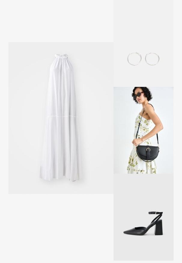 Pitkä, kaula-aukkoa korostava mekko valkoisena, jossa on rypytetty pääntie ja virtaava siluetti, valmistettu kevyestä kankaasta, saumattomalla suunnittelulla.; Mustat nahkakengät, joissa on kapea kärki, nilkkaremmi ja paksu korko. Tasainen pinta, tyylikäs muotoilu ja minimalistinen estetiikka.; Musta nahkainen käsilaukku, joka on kaareva muotoilultaan, irrotettavalla hihnalla ja kultaisilla yksityiskohdilla. Laukussa on läppä, jossa on solk yksityiskohta.; Hopea rengas korvakorut, joissa on tyylikäs, pyöreä muotoilu, tasainen pinta ja ilman näkyviä koristeita. Halkaisija ei ole määritelty.