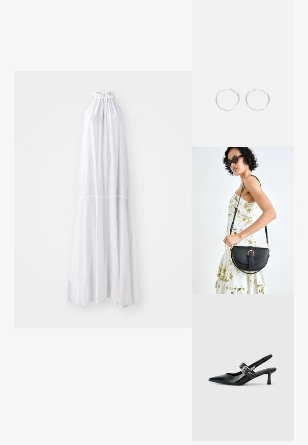 Ilga, halter tipo suknelė balta spalva, su susiraukšlėjusia iškirpte ir laisva siluetu, pagaminta iš lengvo audinio be siūlių.; Juodai lakuoti slingback aukštakulniai su smailiu kojų pirštu ir mažais blokiniais kulniukais, su sidabro sagtimi ant dirželio.; Juodas odinis krepšys su išlenkta forma, nuimamu dirželiu ir auksiniais detalėmis. Krepšys turi kilpą su sagtimi.; Sidabrinės auskarai žiedai su sėslia, apvalia forma, pasižymintys lygia paviršiumi ir be matomų puošmenų. Svoris nenurodytas.