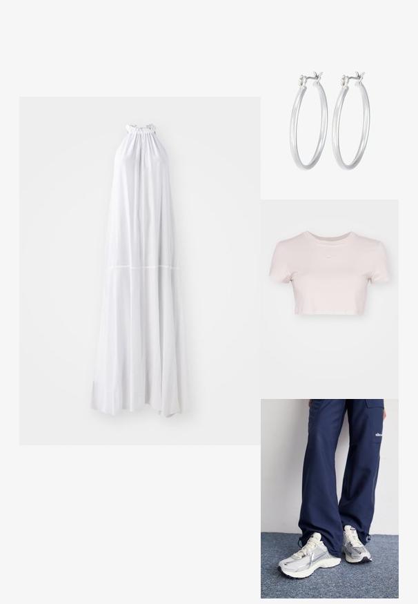 Pitkä, kaula-aukkoa korostava mekko valkoisena, jossa on rypytetty pääntie ja virtaava siluetti, valmistettu kevyestä kankaasta, saumattomalla suunnittelulla.; Lyhyt vaaleanpunainen t-paita, joka on valmistettu pehmeästä kankaasta. Siinä on pyöreä pääntie ja lyhyet hihat, sekä pieni valkoinen Nike-logo rinnassa.; Nike urheilukengät hopeisella verkkopinnalla, valkoisilla yksityiskohdilla ja teksturoiduilla pohjilla, yhdistettyinä löysiin tummansinisiin housuihin.; Hope-silver rengas, joissa on sileä ja kiillotettu pinta. Pyöreä muoto ja turvallinen napsautettava lukitus. Kevyt muotoilu sopii päivittäiseen käyttöön.