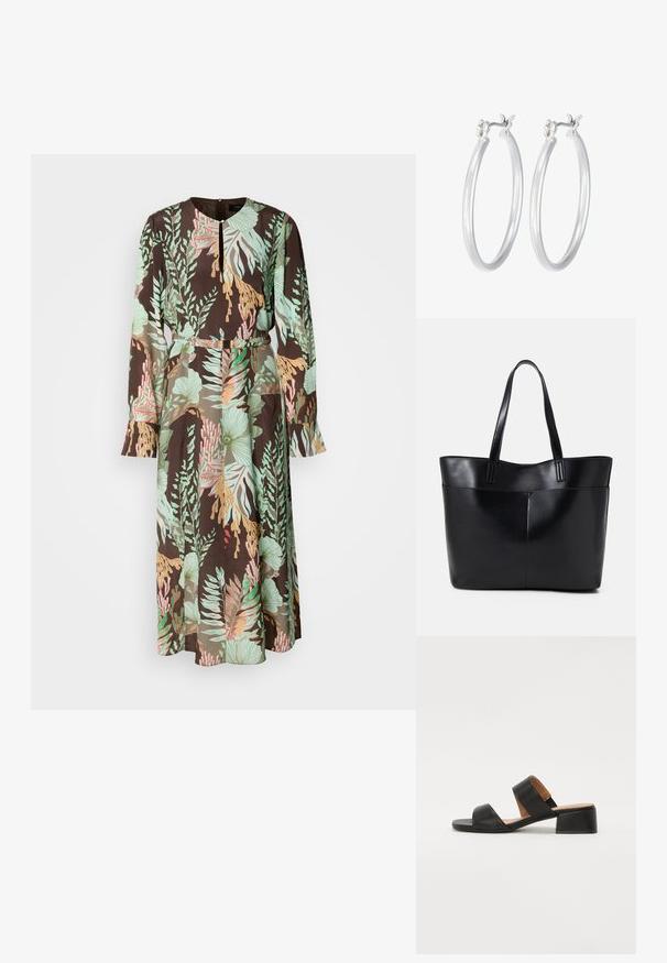 Garums piedurkņu kleita ar melnu fonu un zaļiem, korālveida un pasteļu ziedu rakstiem. Gluda auduma un akcentēta vidukļa detaļa.; Melna ādas sandaļa ar divām platām siksnām pāri kājai, kvadrātveida purngala un zemu blokveida papēdi. Gluda virsma un minimālistisks dizains.; Melnas ādas iepirkumu soma ar divām garām rokturām, gludu tekstūru un strukturētu formu. Iekļauj priekšējo kabatu papildu uzglabāšanai.; Sudraba riņķveida auss gredzeni ar gludu, pulētu apdari. Apaļa forma un drošs klikšķa augšējais slēgums. Viegls dizains, kas piemērots ikdienas valkāšanai.