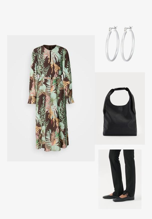 Langærmet kjole med sort baggrund og grønne, koral og pastelfarvede blomster mønstre. Glat stof og en indsnævret talje detalje.; Sorte læder balletflade sko med spids tå, rem med sølvspænde, parret med sorte skræddersyede bukser med slids i bunden.; Sort læder hobo taske med et enkelt, blødt, rundt håndtag; har en glat tekstur og et minimalistisk design. Ingen synligt hardware eller accenter.; Sølv hoop øreringe med en glat, poleret overflade. Rund form og sikker klik-lukning. Letvægtsdesign, der er velegnet til hverdagsbrug.