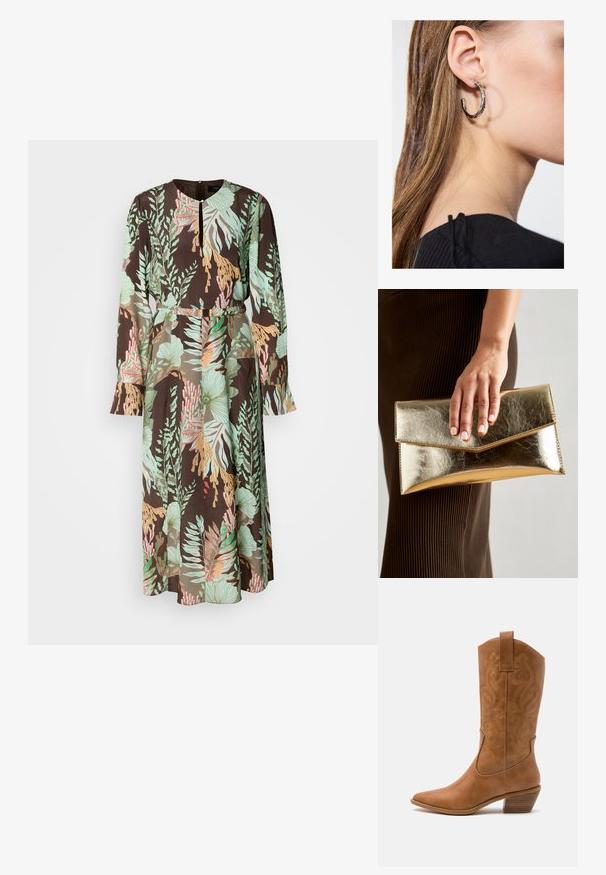 Langærmet kjole med sort baggrund og grønne, koral og pastelfarvede blomster mønstre. Glat stof og en indsnævret talje detalje.; Tan læder cowboystøvle med spids tå, broderede svirvelmønstre på skaftet og en stablet blokhæl. Har en træksløjfe for nem af/på.; Guldmetalisk clutch-taske med en glat tekstur, der har en trekantet klaplukning. Den hånd, der holder den, har pænt manicurede negle.; Sølv hoop ørestik med en poleret overflade, prydet med små guld accenter og en rund form, båret på øreflippen.
