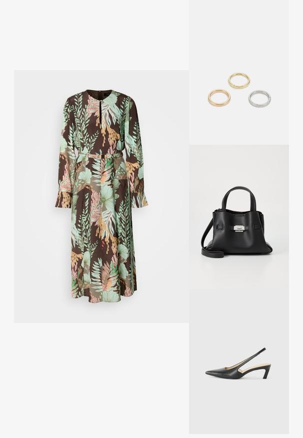 Ilgų rankovių suknelė, kurios fone juoda spalva su žaliais, koraliniais ir pastelinių spalvų gėlių raštais. Glotni medžiaga ir prigludusi talija.; Juodas smailus slingback batelis su žemu kulnu, pagamintas iš lygaus odos paviršiaus ir su išpjovomis šone, užtikrinančiomis oro pralaidumą.; Juodas odinis rankinės su tekstūruota apdaila, turintis dvi viršutinės rankenos, nuimamą peties diržą ir sidabrinį užsegimą.; Trys metalinės žiedai: vienas rožinės aukso, vienas auksinis su tekstūruotais akcentais ir vienas sidabrinis, visi su įmintu ženklinimu vidinėje juostoje.