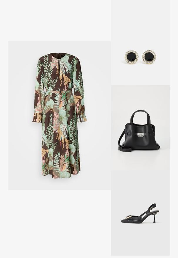 Robe à manches longues avec un fond noir orné de motifs floraux verts, corail et pastel. Tissu lisse et détail de taille cintrée.; Chaussure slingback en cuir noir avec un bout pointu, un talon fin et un accent en métal doré sur le devant. Texture lisse et design structuré.; Sac à main en cuir noir avec une finition texturée, doté de deux poignées supérieures, d'une bandoulière amovible et d'un détail de fermoir en argent.; DKNY INLAY STUD - Boucles d'oreilles - black/gold-coloured