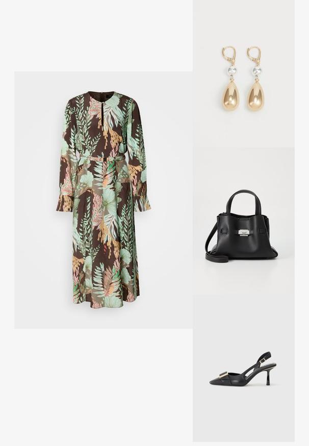Langärmliges Kleid mit schwarzem Hintergrund und grünen, korallfarbenen sowie pastellfarbenen Blumenmustern. Glattes Material und eine taillierte Passform.; Schwarzer Leder-Slingback-Schuh mit spitzem Zehenbereich, schlankem Absatz und goldfarbener Hardware-Akzent am Vorderfuß. Glatte Textur und strukturierte Form.; Schwarze Ledertasche mit strukturiertem Finish, ausgestattet mit zwei oberen Griffen, einem abnehmbaren Schultergurt und einem silbernen Verschlussdetail.; Goldfarbene Tropfenohrringe mit einer tränenförmigen Silhouette, die ein glänzendes metallisches Finish und einen silberfarbenen Perlenakzent aufweisen.