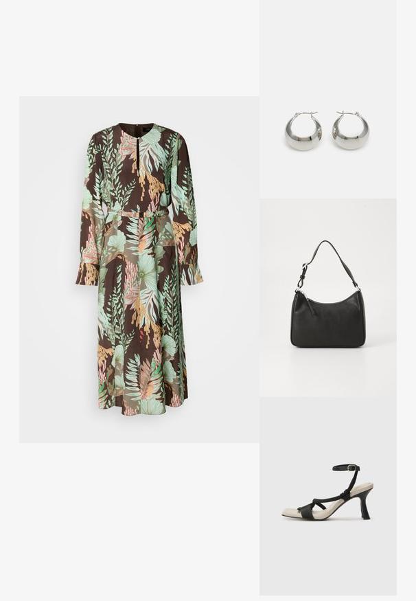 Langærmet kjole med sort baggrund og grønne, koral og pastelfarvede blomster mønstre. Glat stof og en indsnævret talje detalje.; Sorte hælede sandal med flettet remdesign, firkantet tå og justerbar ankelrem. Lys beige fodseng med en blank sort hæl.; Sort læderhåndtaske med en buet form, en enkelt rem, lynlås lukning og diskret branding på forsiden. Glat tekstur, minimalistisk design.; Sølvfarvede metalørehængere med en glat, skinnende overflade og et struktureret, afrundet design. Udstyret med en hængslet lås for sikker bæring.