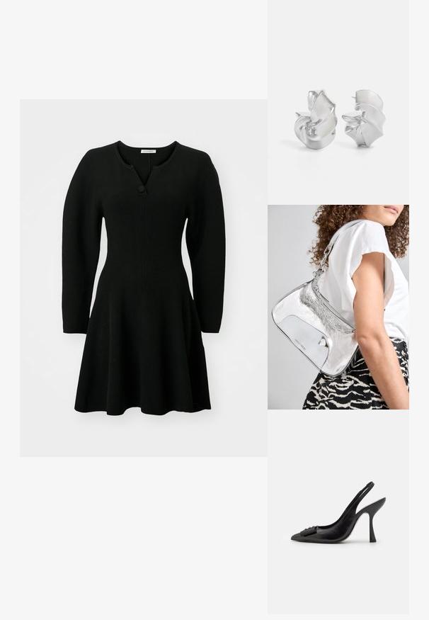 Fekete bordás ruha, szűk testhez simuló felső résszel, bővülő szoknyával és hosszú ujjal. Henley nyakkivágással rendelkezik, egy gomb részlettel.; Fekete bőr pántos cipő hegyes orral, karcsú magas sarkával és dekoratív masnival. Simaság és elegáns dizájn.; Ezüst fémes válltáska sima felülettel, ívelt formával, lánchordóval, és egy fényes elülső panellel, amelyen finom logógravírozás található.; Ez egy ezüst fülbevaló, amely áramló, spirális formatervezéssel rendelkezik. Simább textúrájú, fényes felületű. Diszkrét fényt biztosít, és nincsenek látható díszítések.