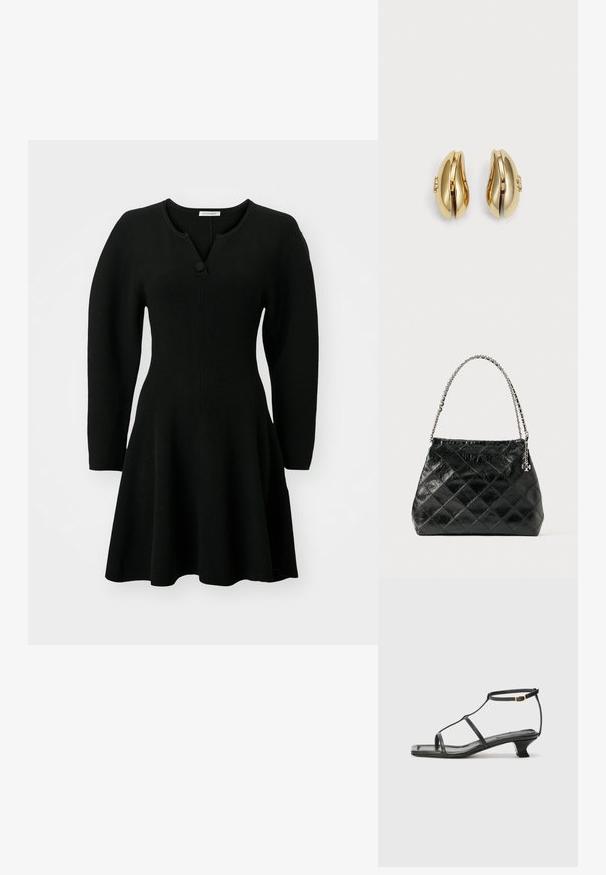 Čierne rebrované šaty s priliehajúcim korzetom, rozšírenou sukňou a dlhými rukávmi. Obsahujú henley výstrih s jedným detailom gombíka.; Čierna kožená sandála so štvorcovou špičkou, tenkými popruhmi, nastaviteľným pásikom okolo členka a nízkym podpätkom. Obsahuje malý zlatý akcent na popruhu.; Čierna prešívaná kožená kabelka so strieborným retiazkovým uchom, ktorá má štruktúrovaný dizajn a hladkú textúru.; Náušnice zlatého odtieňa s plynulým, zakriveným dizajnom. Každá náušnica má hladký povrch a malú sponu s dekoratívnym prvkom.