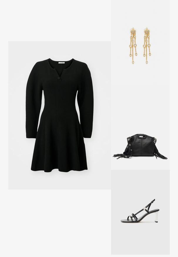 Abito nero a coste con una parte superiore aderente, gonna svasata e maniche lunghe. Presenta un colletto henley con un dettaglio di un singolo bottone.; Sandali neri con tacco alto caratterizzati da molteplici cinghie sottili, design slingback e un accento in argento sul tacco. Materiale superiore liscio e tacco quadrato.; Maje MISS MINI - Borsa a tracolla - noir; Orecchini dorati con molteplici catene a cascata, dotati di accenti in strass ovali trasparenti e parte superiore decorativa a perno.
