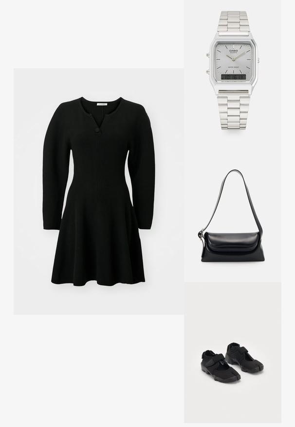 Schwarzes, geripptes Kleid mit einem taillierten Oberteil, ausgestelltem Rock und langen Ärmeln. Es verfügt über einen Henley-Ausschnitt mit einem einzelnen Knopfdetail.; Schwarze Wasserschuhe aus flexiblem Stoff mit einem Klettverschluss, ausgestattet mit einem einzigartigen Zehentrenndesign und einer strukturierten Gummisohle für besseren Halt.; Schwarze Lederhandtasche mit strukturiertem Design, glatter Textur und einem einzelnen Schulterriemen. Verfügt über ein dezentes, abgerundetes Klappendesign.; Silberne Casio Quarzuhr mit rechteckigem Ziffernblatt, analogem und digitalem Display, Edelstahlarmband und wasserdichten Eigenschaften.