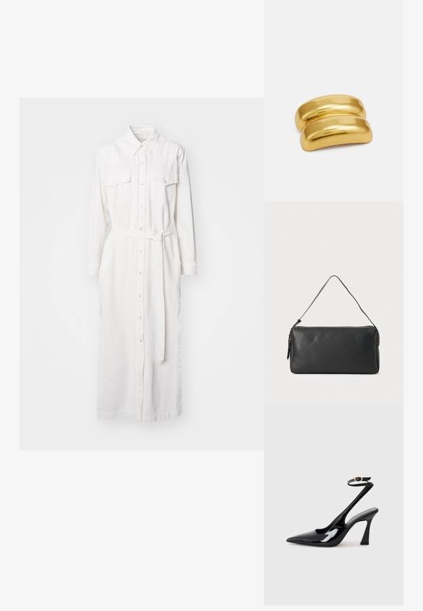 Fehér, hosszú ujjú ingruha, amely pamutból készült, gallérral, két mellzsebbel és megkötő övvel rendelkezik. Gombos eleje és egyenes sziluettje van.; Fekete lakk bőrből készült, slingback magas sarkú cipők, hegyes orral, állítható bokapánttal és mérsékelt tömbsarkal. Simább textúra, fényes felület.; Fekete bőr kézitáska vékony, téglalap alakú formával, cipzáras záródással és egyetlen vállpánttal. Simább textúrával és minimalista dizájnnal rendelkezik.; Arany színű fém hajcsat, sima, lekerekített formával. A felszíne fényes, összekapcsolt, ívelt formát mutat, díszítések nélkül.