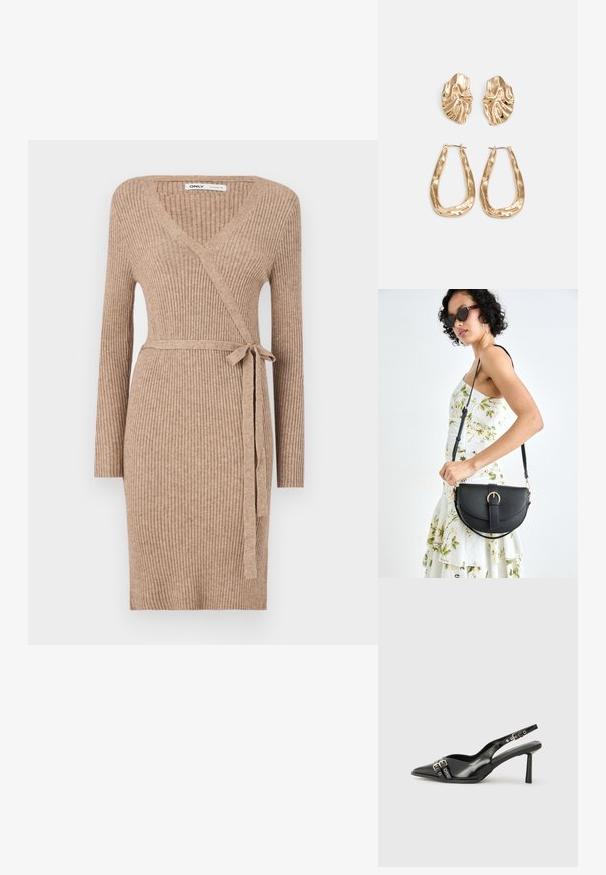 Vestido envolvente tricotado numa tonalidade castanha clara, com mangas longas, decote em V, textura canelada e cintura atada para um ajuste ajustável.; Sapato slingback preto em pele patentada com bico apontado, tiras no tornozelo apresentando fivelas e acessórios prateados, e um salto elegante.; Bolsa de couro preta com forma curva, alça destacável e detalhes em dourado. A bolsa possui uma aba com detalhe de fivela.; Brincos em tom de ouro com formas onduladas e texturizadas. Inclui studs escultóricos com presilha e um design de argola aberta com um acabamento martelado.