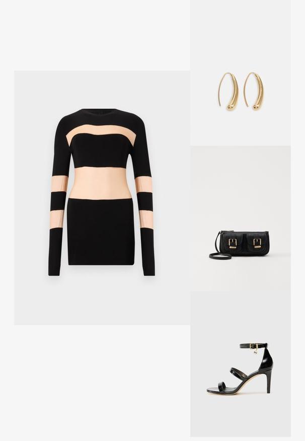 Must musta pikkade varrukatega topp, millel on beezid läbipaistvad horisontaalsed triibud ja lõigatud osad. Veniv kangas, sobiv disain, ümmargune kaelus.; Must musta nahk sandaal kolme rihmaga, pahkluu vööga ja 4-tollise stilettakontsaga. Omab kuldset detaili ja logovõtit.; Must küllastamata nahast õlakott, millel on kaks esist nähtavat taskut, kuldsed pandlad, tõmblukuga sulgemine ja peen rihm. Tekstuuriga pind ja kompaktne ristkülikukujuline kuju.; Kuldtoonilised metallist rõngas kõrvarõngad, millel on kõver ja piklik kuju. Omavad siledat, läikivat pinda ja ümarat tipptugevdust, mis lisab detaili.