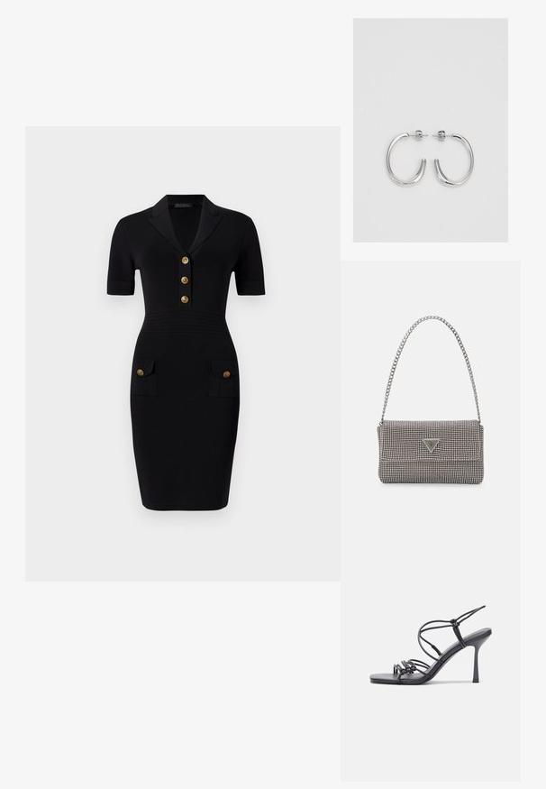 Czarna dopasowana sukienka z krótkimi rękawami, kołnierzykiem, pięcioma złotymi guzikami oraz dwiema przednimi kieszeniami z pasującymi guzikami. Gładka tekstura materiału.; Czarne sandały na wysokim obcasie mają cienkie paski z węzłowym wzorem, gładki, kwadratowy czubek i smukły obcas w stylu szpilki.; Jasnoszara metaliczna torebka na łańcuszku, ozdobiona małymi okrągłymi metalowymi ćwiekami oraz trójkątnym logo marki.; Srebrne kolczyki na biglu o gładkim, błyszczącym wykończeniu. O zaokrąglonym kształcie, lekkim designie, z zamknięciem na zatrzask.