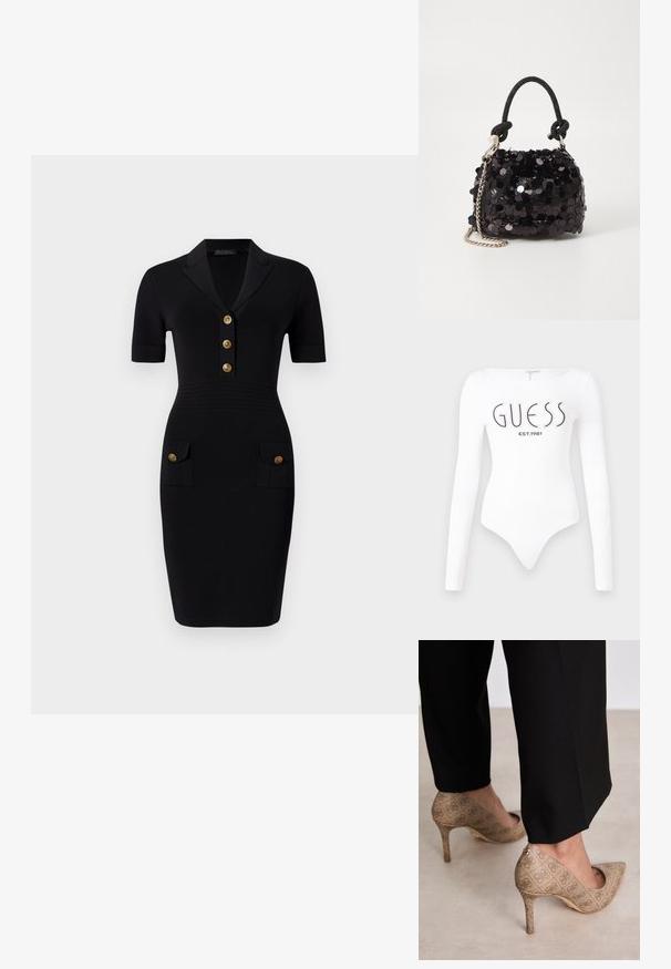 Fekete, testhezálló ruha rövid ujjakkal, galléros nyakkivágással, öt arany gombbal és két elülső zsebbel, amelyeken illeszkedő gombok találhatók. Simább szövettextúra.; Hosszú ujjas, fehér body, kerek nyakkivágással. Elöl a "GUESS" logó és az "EST.1981" felirat fekete színben látható. Sima textúrával rendelkezik.; Beige magassarkú cipők texturált anyagból, ismétlődő mintával. Hegyes orrú kialakítás, hátsó díszítéssel és arany sarkú részlettel.; Fekete flitteres mini kézitáska csomózott textúrájú pánttal és ezüst lánccal. Lekerekített forma, ráncolt tetejével és fényvisszaverő részletekkel.