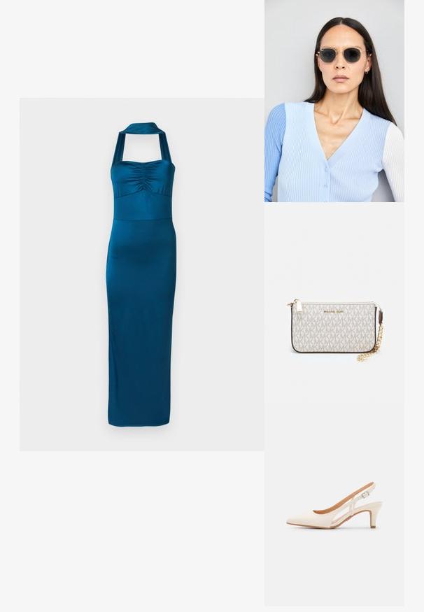 Zaļgani zila halterkleita ar drapētu krūšu daļu un pieguļošu, grīdas garuma svārku. Izgatavota no gludas, elastīgas auduma ar elegantu izskatu.; Baltas siksniņveida papēdis ar smailu purngalu, gludu augšējo materiālu, zemu blokpapēdi un sānu izgriezumu dizainu ar regulējamu sprādzi.; Apaļas saulesbrilles ar tumšiem objektīviem un zeltītām rāmēm. Modelis valkā gaiši zilu, ribotu kardigānu ar pogām un kontrastējošām baltām piedurknēm.; Michaela Korsa rokassomi bez̦ā īšojuma, kas izgatavota no apklāta kanvas, iekļaujot atkārtotu MK logotipa rakstu, zelta aparatūru un noņemamu ķēdes siksnu.