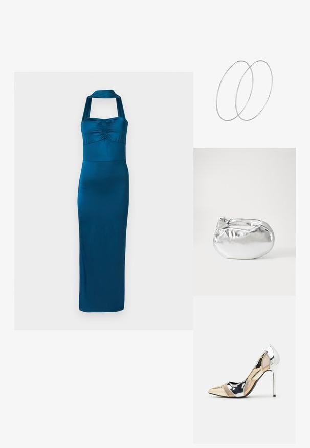 Turkusowa sukienka na ramiączkach z marszczoną górą i dopasowaną, długości do podłogi spódnicą. Wykonana z gładkiego, elastycznego materiału o eleganckim wyglądzie.; Czółenka na wysokim obcasie z wąskim noskiem w kolorze srebrnym, złotym i nude. Lśniące wykończenie z wycięciami, z obcasem w stylu stiletto.; Srebrna metaliczna torba worek o miękkim, zaokrąglonym kształcie i zawiązywanym z góry zapięciem. Wykonana z gładkiego materiału imitującego skórę.; Srebrne kolczyki w formie obręczy o minimalistycznym designie. Okrągły kształt, gładka faktura i cienki profil. Lekkie, z polerowanym wykończeniem.