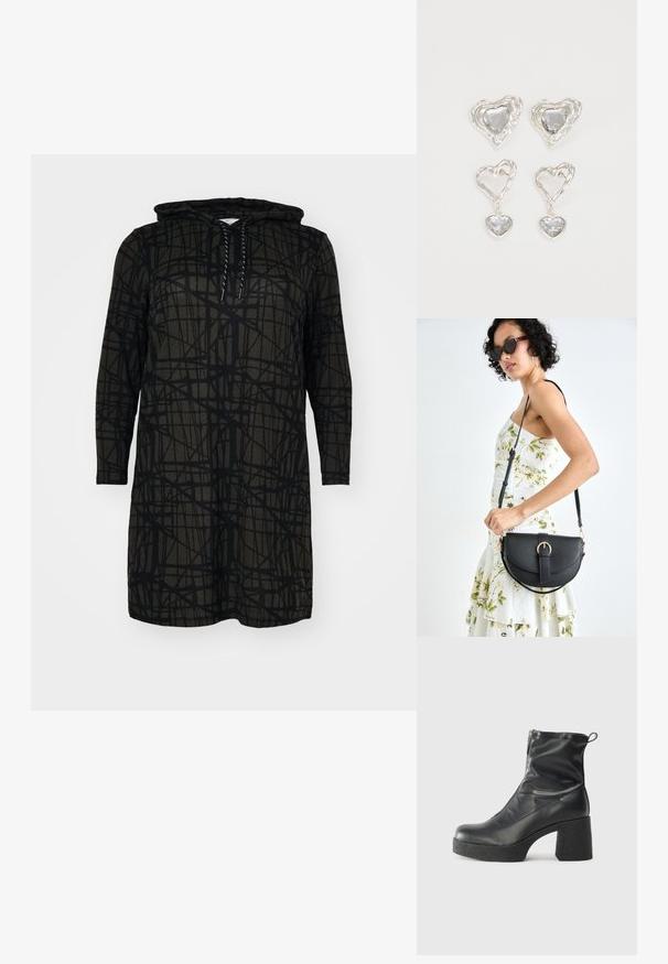 Tamsiai žalia su kapučiu suknelė su juoda abstrakčia linijų raštu; turi ilgus rankovius ir raištelį kaklo srityje.; Juodos kulkšninių botai, pagaminti iš lygaus odos, su šoniniu užtrauktuku, masyviu tekstūruotu kulnu ir apvaliu pirštu.; Juodas odinis krepšys su išlenkta forma, nuimamu dirželiu ir auksiniais detalėmis. Krepšys turi kilpą su sagtimi.; Sidabrinės širdelės formos auskarai puošti facetuotais skaidriais akmenimis, su tekstūruotu rėmu. Rinkinį sudaro tiek auskarai-stud, tiek kabančios formos.