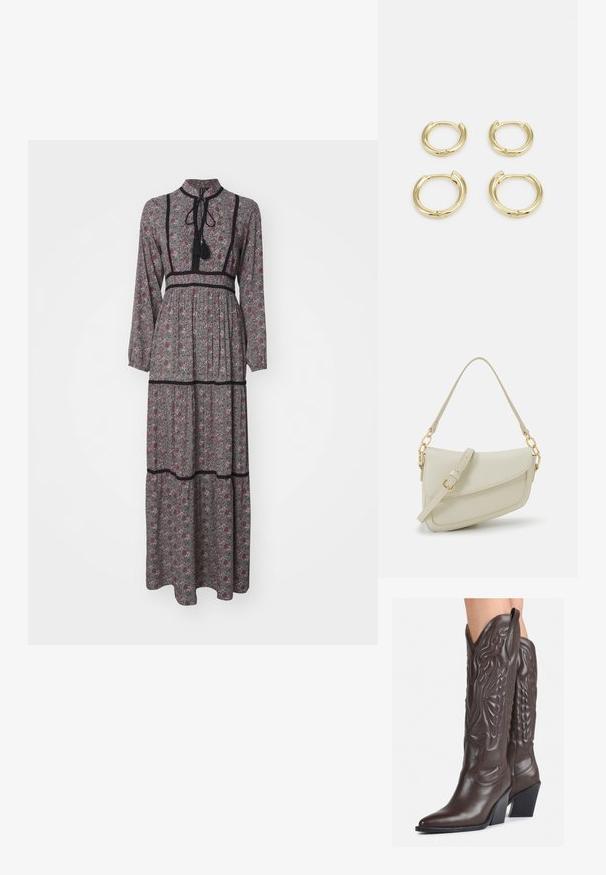 Maxikleid aus grauem Stoff mit floralem Muster in Burgunderrot und Grün. Hoher Kragen, lange Ärmel, tailliert mit Rüschen und schwarzen Akzentdetails.; Braune Leder-Cowboy-Stiefel mit spitzem Punkt und Blockabsatz, die über detaillierte Stickereien und hervorgehobene Akzente am Schaft verfügen.; Kleine cremefarbene Handtasche mit strukturiertem Finish, einem langen verstellbaren Tragegurt, einem Kettenakzent und einem Klappenverschluss. Goldene Hardware-Details.; Goldene Creolen, vier Stück, mit glatter Oberfläche, runder Form, in verschiedenen Größen, mit einem klappbaren Verschluss für einfaches Anlegen.