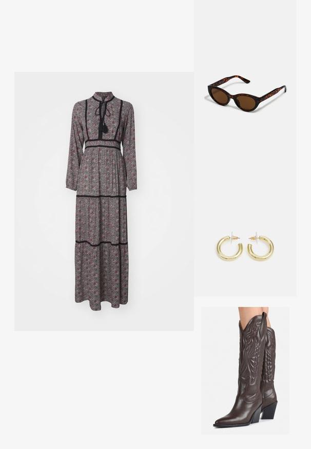 Maximekko harmaasta kankaasta, jossa on burgundin- ja vihreänsävyisiä kukkakuvioita. Korkea kaulus, pitkät hihat, vyötä ympäröivä vyötärö, kerrostettu helma ja mustat yksityiskohdat.; Ruske nahkasaappaat, joissa on terävä kärki ja laatikkokorko, varustettu yksityiskohtaisella ompelulla ja kohotetuilla yksityiskohdilla varsiosassa.; Ruske tortoiseshell sunčane naočale s vintage mačkastim oblikom i smešnim sočivima. Ima zakrivljene okvire s crvenim akcentima.; Kultaketjut kullasta, joissa on sileä, kiiltävä pinta. Pyöreä muotoilu, jossa on pieni tappi ja kirkas taustalevy turvalliseen käyttöön.