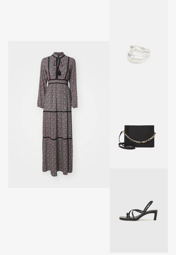 Garu maxi kleita ar ziedu rakstu bordo un zaļā krāsā. Augsta apkakle, garas piedurknes, piestiprināta josta ar līmeņiem un melniem apdares elementiem.; Melnas strappy sandales ar kvadrātveida purngaliem un zemu bloku papēdi. Ievērojamas ar vairākiem plāniem siksniņām un regulējamu potītes siksniņu. Izgatavotas no gludas ādas.; Melna ādas crossbody soma ar gludu faktūru, taisnstūrveida formu un metalizētu ķēdes detaļu priekšā. Iekļauta regulējama siksna.; Sudraba divu joslu gredzens ar gludu, pulētu virsmu. Iezīmējas ar plūstošu, izliekta dizaina struktūru ar pārklājošām sekcijām modernam izskatam.