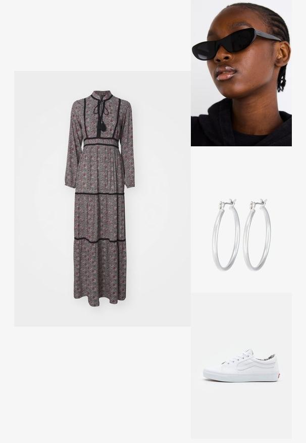 Garu maxi kleita ar ziedu rakstu bordo un zaļā krāsā. Augsta apkakle, garas piedurknes, piestiprināta josta ar līmeņiem un melniem apdares elementiem.; Baltas audekla sporta apavi ar zemu topu, apaļu purngalu, sasaistes aizdari, mīkstinātu apkakli un rakstainu iekšējo oderi. Sarkans logo uz papēža.; Melnas kaķa acs saulesbrilles ar matētu apdari, kas izceļas ar elegantu dizainu un maigi izliektiem stūriem, fona attēlā ir modelis ar tumšām drēbēm.; Sudraba riņķveida auss gredzeni ar gludu, pulētu apdari. Apaļa forma un drošs klikšķa augšējais slēgums. Viegls dizains, kas piemērots ikdienas valkāšanai.