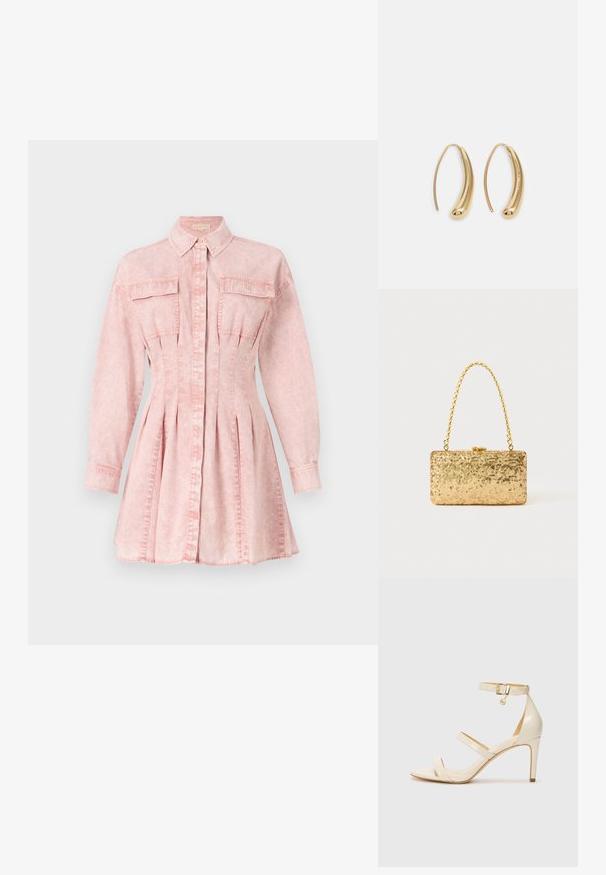 Różowa sukienka koszulowa z denimu, z długimi rękawami, kołnierzykiem, zapięciem na guziki, z dwiema kieszeniami na piersi oraz plisowanym dołem, podkreślająca sylwetkę.; Beżowe sandały na obcasie z cienkim paskiem na kostce i dwoma górnymi paskami. Błyszczące lakierowane wykończenie i złote detale na pasku na kostce.; Złota kopertówka z cekinami o prostokątnym kształcie, z zakręconym uchwytem w postaci łańcuszka oraz metalowym zapięciem, odbijająca światło o fakturowanym wykończeniu.; Złote metalowe kolczyki w kształcie obręczy o zakrzywionym, wydłużonym kształcie. Posiadają gładką, błyszczącą powierzchnię oraz zaokrąglony koniec dla dodatkowego efektu.