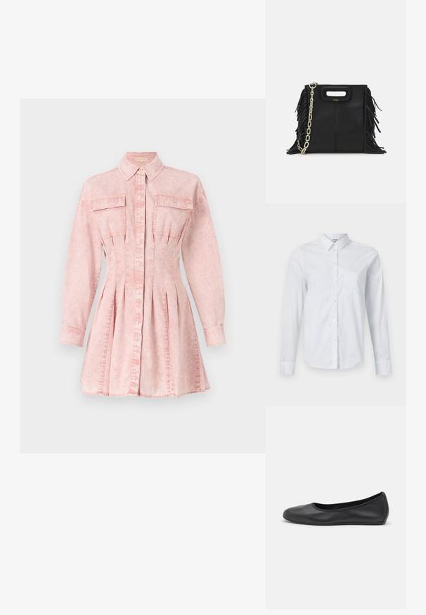 Rosa denimskjorte med lange ermer, krage, knappestolpe, to brystlommer og plisserte detaljer i skjørtet for en figursydd silhuett.; Hvit langermet skjorte laget av bomull. Har en knappelukking foran, spisset krage, og en brystlomme på venstre side.; Svart skinnballettflatt med rund tå, glatt tekstur, minimal sømdetalj, og et fleksibelt såledesign.; Svart læderhåndtaske med frynsedetaljer, guldkæde skulderrem og udskåret håndtag. Har logo placeret på forsiden.