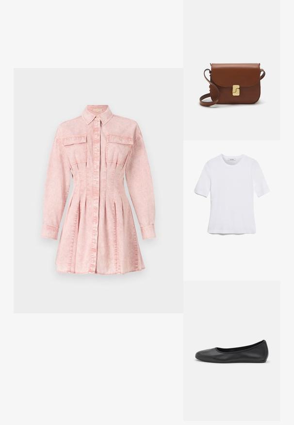 Rosa denim skjortklänning med långa ärmar, krage, knappstängning, två bröstfickor och plisserad kjoldetalj för en figurnära siluett.; Vit kortärmad t-shirt i ribbat tyg. Rund halsringning, normal passform och diskreta sömdetaljer. Inga mönster eller tryck.; Svart läderballerinaskor med rund tå, slät yta, minimala söm detaljer och en flexibel sula.; Brun läderhandväska med klaffstängning, guldfärgad hårdvara, axelrem och en slät yta. Kompakt rektangulär form.