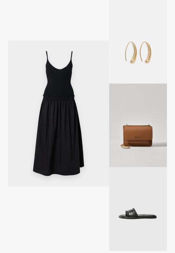 Černé šaty s přiléhavým, žebrovaným korzetem a rozšířenou, nařasenou sukní. Látka je hladká s matným povrchem.; Černé kožené sandály s tkaným detailem pásku, plochou podrážkou a elegantním designem. Hladký povrch a minimalistický profil.; Hnědá texturovaná kožená kabelka přes rameno se zlatým řetízkovým popruhem a klopnovým uzavíráním. Přední strana obsahuje detail loga a kapsu pod klopou.; Náušnice ve tvaru kruhu z pozlaceného kovu s vroubkovaným, prodlouženým tvarem. Mají hladký, lesklý povrch a zaoblený konec pro zvýraznění detailu.