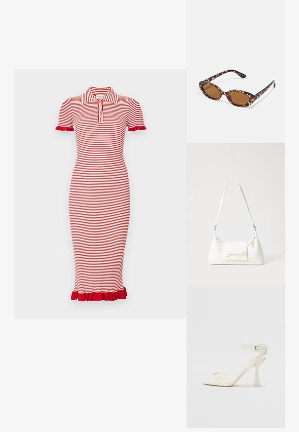 Punane ja valge triibuline polo kleit lühikeste varrukatega, millel on sooniline tekstuur ja frillidega aktsendid varrukatel ja hemmi äärel. Viie nööbiga nööpide rida.; Köitmine kõrge kontsaga sandaal valgest nahast, millel on stiilne disain, läbipaistev plokk-konts ja dekoratiivne element varvaste juures.; Kilpkonnakilbi stiilis prillid ovaalsete läätsedega, pruunide toonidega, õhukeste kätega, millel on tekstureeritud muster, kerge plastmassraam.; Valge sünteetilisest materjalist kott kolmnurkse kujuga, lame esiklapiga ja kaaredetailiga, reguleeritava rihmaga, sileda tekstuuriga ja minimalistliku disainiga.